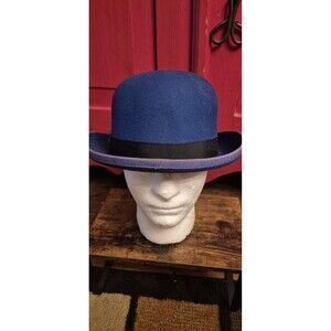 Stacy Adams Medium Blue Wool Felt Derby Bowler Hat Feather Accent Church EUC